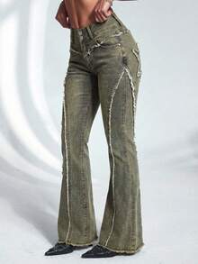 Jeanoix 女士做旧纽扣装饰喇叭牛仔裤，适合日常穿着 - 深色水洗藍 - 查看 3