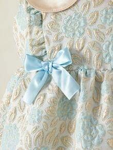 1件女童夏季新款花卉领提花织锦面料优雅蝴蝶结设计公主裙，适合派对、生日、休闲穿着。 - 藍色 - 查看 6