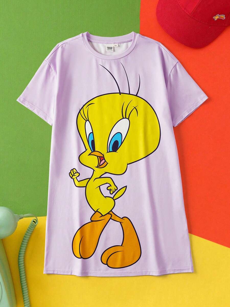 LOONEY TUNES X SHEIN Tween Girls Round Neck Short Sleeve Cute Printed Lounge Wear, - Pink - View 1