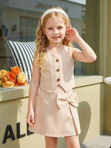 Elladie kids 两件套女童卡其色无袖独特设计背心上衣和不对称蝴蝶结装饰半裙套装，时尚通勤装，优雅儿童夏季裙装套装，女童中性连衣裙，裸色连衣裙，女童半裙两件套，儿童小女孩米色连衣裙，女童蝴蝶结连衣裙，女童杏色连衣裙 - 卡其色 - 查看 4