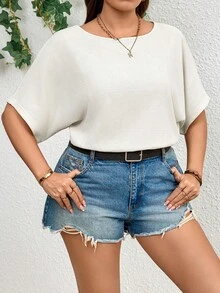 SHEIN LUNE Bộ đồ liền thân cổ tròn tay ngắn màu trơn cỡ lớn thường ngày - Màu be - Xem 8