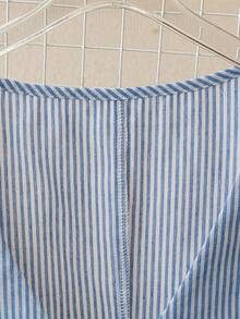 SHEIN LUNE Plus Size Women's Single-Breasted Striped V-Neck Sleeveless Casual Blouse Business Casual Woman Blue And White Stripes Stylish Casual Office Clothing Old Money Style Women Clothing Vacation - Blue and White - View 5