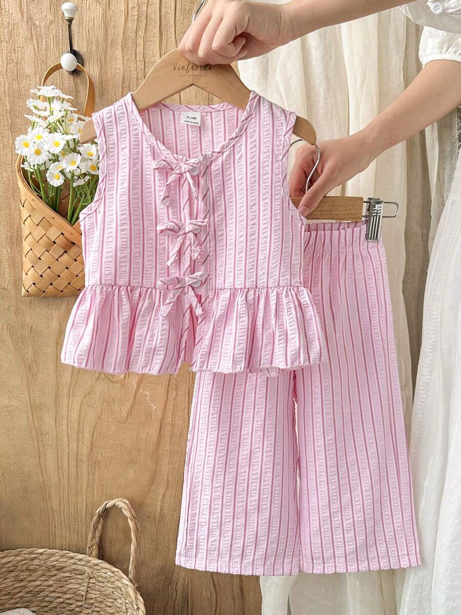 SHEIN Vintaside Kids 2件套女婴幼儿/新生儿0-3岁春夏休闲甜美日常度假条纹色织无袖背心上衣衬衫阔腿裤两件套 - 粉色 - 查看 1