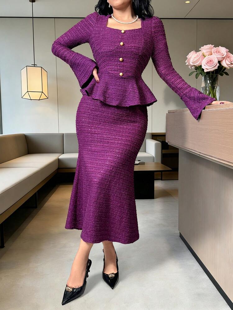Women's Elegant Solid Color Flare Sleeve Ruffle Hem 2 In 1 Long Dress, Spring/Summer Wedding Guest Dress Maxi Dress Sundress
