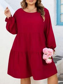 SHEIN CURVE+ Curve 加大码 US22 音乐节、海滨度假、波西米亚风 CURVE PLUS // 复古豹纹宽松圆领长袖连衣裙，适合秋冬季穿着 - 紅色 - 查看 6