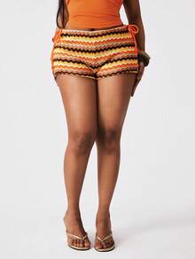 Coolane Conjunto de ropa de vacaciones bohemia elegante para primavera/verano de mujer con top de punto de rayas y shorts mini de boxeador marrones - Multicolor - Ver 6