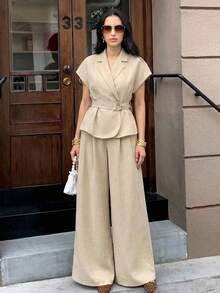 Aloruh Traje de mujer de unicolor con cuello de solapa y cinturón - Albaricoque - Ver 1