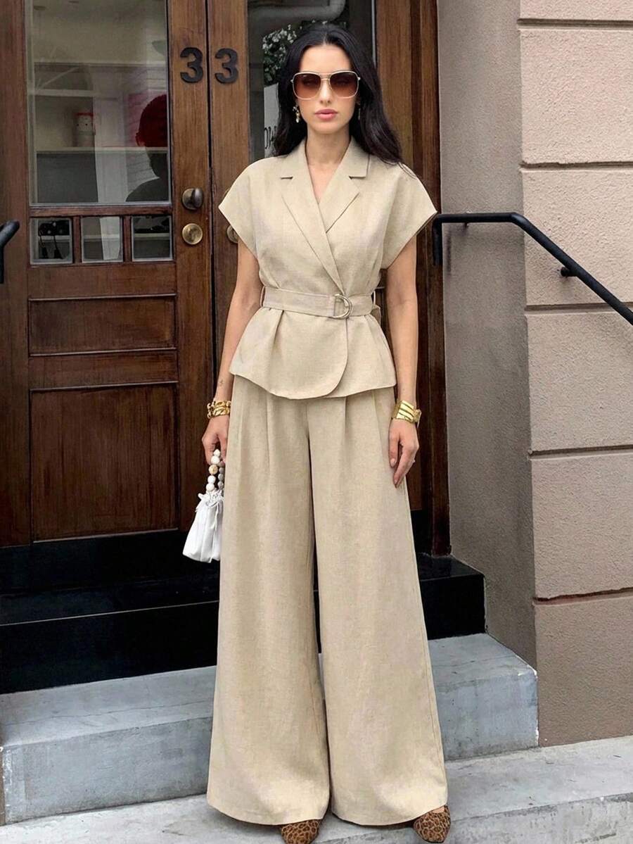 Aloruh Traje de mujer de unicolor con cuello de solapa y cinturón - Albaricoque - Ver 1
