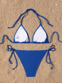 SHEIN Swim Basics 2025 纯色露背扭结开衩比基尼泳装 - 藍色 - 查看 2