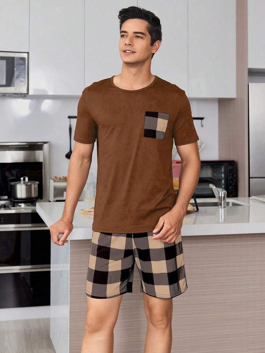 Snug Zone Conjunto de camisa de manga corta a cuadros y pantalones cortos con cordón, ropa de verano para hombre - Café integral - Ver 1