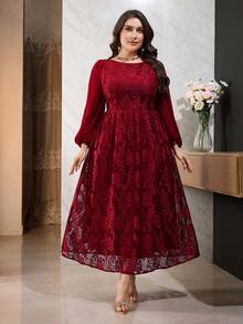 Modelyn Plus Size Women Floral Jacquard Round Neck Lantern Sleeve Elegant Dress Fall - Burgundy - View 5