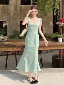 DAZY Women's Lace Solid Color Long Dress, Summer Sun Dresses For Women - Green - View 2