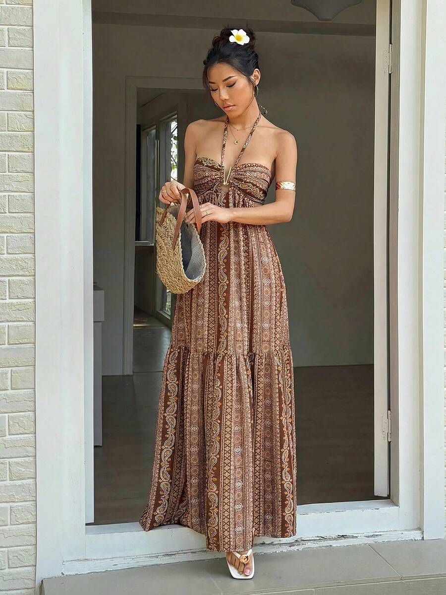 Sunnyshic 女士复古全印花露背吊带连衣裙，夏季 - 咖啡 - 查看 1