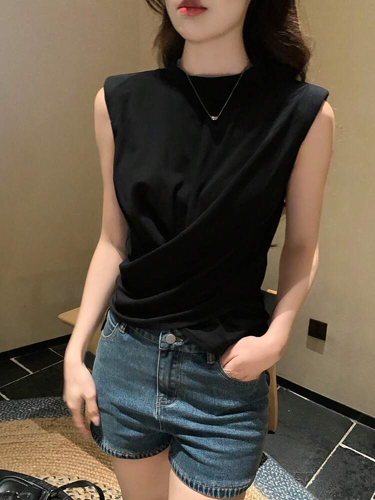 Women's Solid Color Crew Neck Sleeveless Pleated Summer T-Shirt