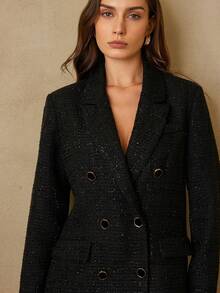 Aveloria Rosie 新款斜纹软呢双排扣宽松复古小众设计亮片斜纹软呢中长西装外套 - 黑色 - 查看 3