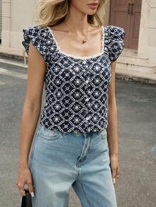 Pariaura 2026 New Arrival Women's Black & White Plaid Cardigan - Chic Puffed Sleeves With Lace Trim, Button-Front Design & Floral Accents, Versatile Casual Office Minimalist Vacation Style Square Neck Blouse Cap Sleeve Top Milkmaid Top Patterned Top Ruffle Sleeve Top Square Neck Top - Black and White - View 3