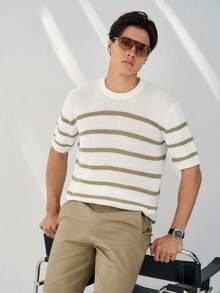 Manfinity Homme 新款春夏撞色条纹短袖针织衫男士奶油色套装男士米色套装希腊度假套装男士针织上衣男士夏季套装 - 米色 - 查看 6