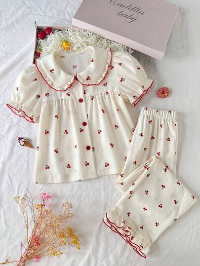 SHEIN 少女宽松休闲简约舒适Polo领花瓣袖波点图案家居服