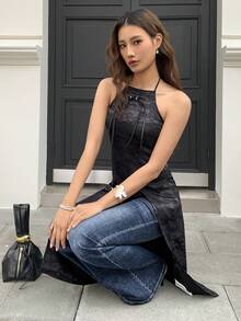 EastFlair Elegant Black Chinese Style Halter Top For Women,Summer Party Night Spaghetti Strap Bow Slit Fashionable Solid Color Beach Vacation Outfits - Black - View 2