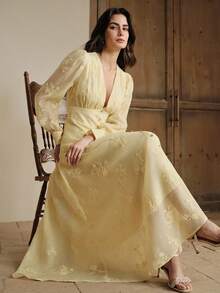 Anewsta Elegant V-Neck Women's Yellow Embroidered Woven Dress For Parties - Yellow - View 1