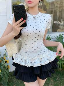 K-Vae Wave Striped Short Sleeve Cinched Waist New Knit Ballet Style Top - Beige - View 3