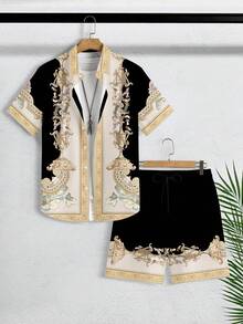 Genlund Plus Size Men's Summer Beach Vacation Baroque Texture Print Short Sleeve Shirt And Shorts Set, Holiday - Black - View 1