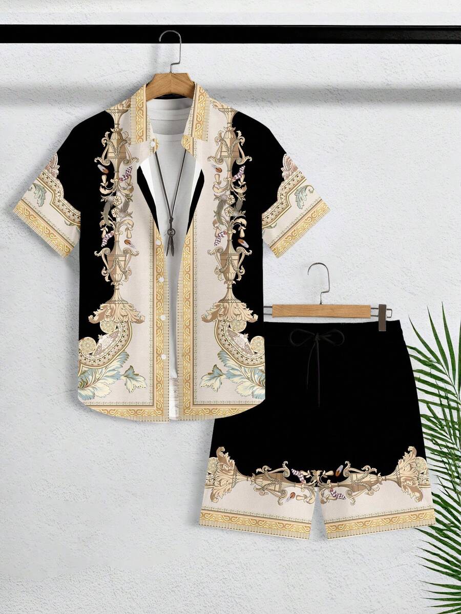 Genlund Plus Size Men's Summer Beach Vacation Baroque Texture Print Short Sleeve Shirt And Shorts Set, Holiday - Black - View 1