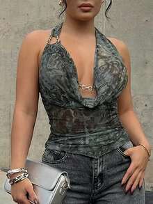 SHEIN SXY 女士性感豹纹金属扣露背吊带上衣，夏季 - 彩色 - 查看 4