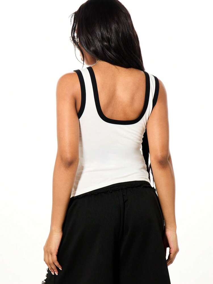 SUMWON High Maintenance Graphic Print Scoop Neck Tank Top With Contrast Black Trim Casual Summer Sleeveless Tee
