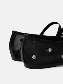 CUCCOO HITCHD French Ballet Shoes, Women's Shoes, New Spring/Summer Rhinestone Black Mesh Breathable Bow Tie Mary Jane Flat Shoes, Wedding Season - Black - View 9