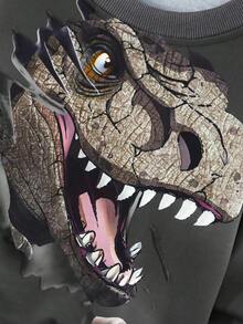 SHEIN 年轻男孩休闲运动街头风格可爱酷炫 3D 恐龙图案长袖运动衫和裤子 2 件套，适合日常穿着、上学、旅行、运动、春秋季节 - 灰色 - 查看 6