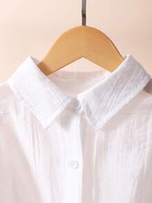 SHEIN Irls 白色翻领落肩七分袖衬衫，学院风百搭，适合春夏休闲校园穿着 - 白色 - 查看 6