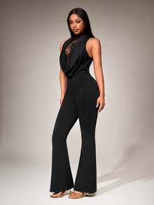 Radiana 女士性感优雅独特黑色蕾丝拼接深V领修身连体裤，黑色连体裤，喇叭裤腿连体裤，性感透视露背连体裤，适合夜晚、约会、派对、舞会、俱乐部、鸡尾酒会、晚宴、宴会、音乐会、海岛度假、海滩、假日装扮 - 黑色 - 查看 6