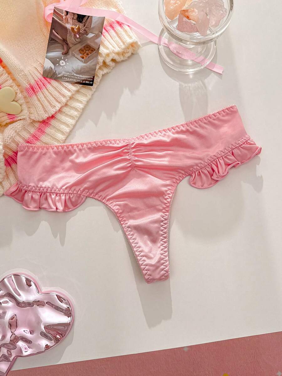 PetitDoll Women's Solid Color Ruffle Hem Cute & Sweet Thong Panties - Pink - View 1