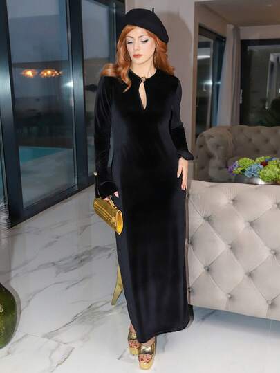 Gretanique 女式优雅纯色锁眼领开袖天鹅绒腰部中长连衣裙，秋季