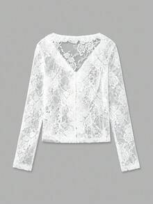lacRébo Romantic White Lace Blouse With Front Buttons And Ruffle Fall Women Clothes Autumn Winter - White - View 8