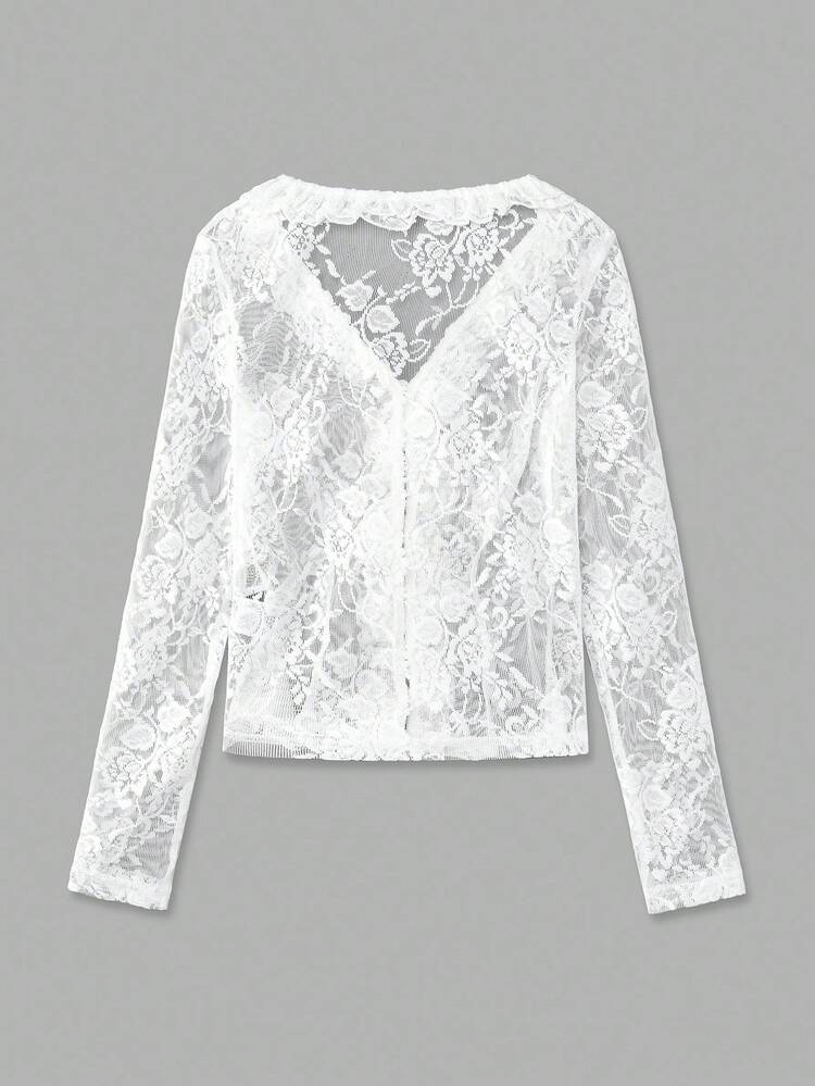 Romantic White Lace Blouse With Front Buttons And Ruffle Fall Women Clothes Autumn Winter