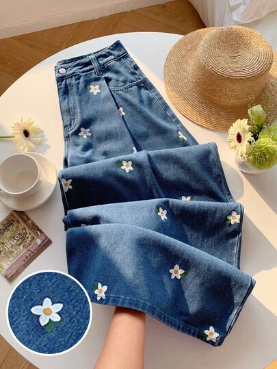 Comfortcana Women's Floral Print Casual Jeans Summer Outfits For Women Summer Outfits Spring Outfit Women Spring Clothes Carnival Costumes Beach Pants Beach Outfit Vacation Outfits Women Summer Holiday Outfits Casual Outfit For Women Women Embroidered Wide Leg Jeans Fashionable Denim Blue Pants For Kids Casual Floral Print Trousers Stylish Spring Summer Outfit