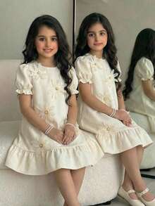 SHEIN Vestido ajustado con mangas abullonadas y flores 3D con cuentas para niña preadolescente, primavera/verano - Albaricoque - Ver 1