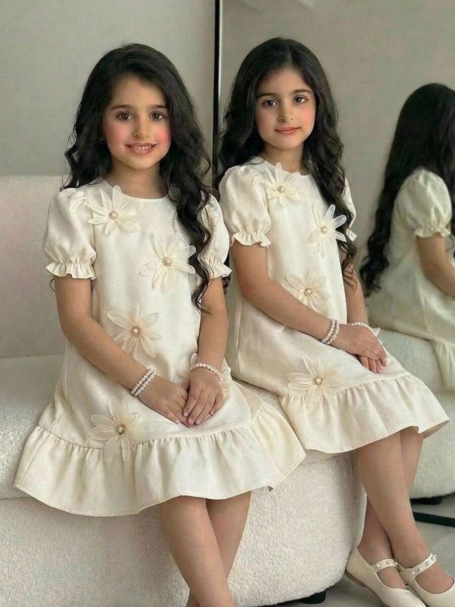 SHEIN Vestido ajustado con mangas abullonadas y flores 3D con cuentas para niña preadolescente, primavera/verano - Albaricoque - Ver 1