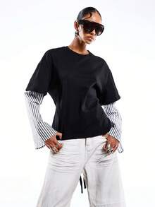 LYSMO 女士条纹拼接收腰长袖休闲T恤 - 藏蓝色 - 查看 3