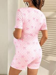 SHEIN Maternity Bow & Polka Dot Print Fitted Short Sleeve Dress - Pink - View 2