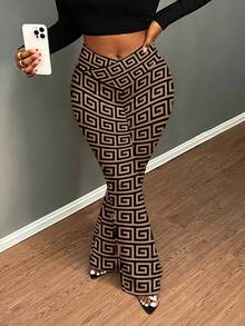 Slaydiva 大码女式经典几何印花不对称腰部喇叭裤 - 彩色 - 查看 6