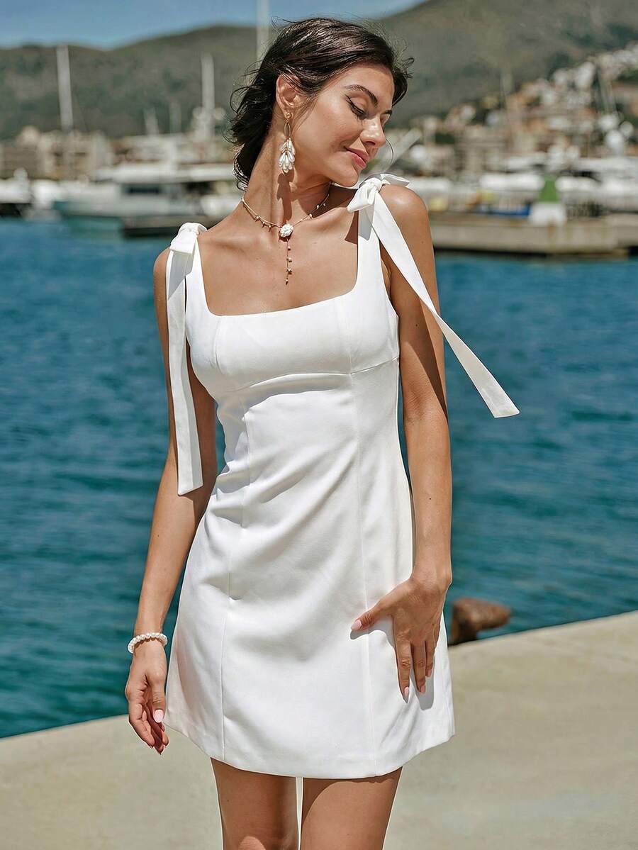 Enchnt Women's Solid Color Square Neck Sleeveless Shoulder Tie Minimalist Design Dress - White - View 1