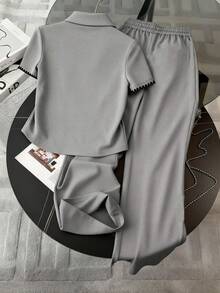 Resyla Shell Embroidery Minimalist Polo Collar T-Shirt & Pants Set, Gift For Friends - Grey - View 2