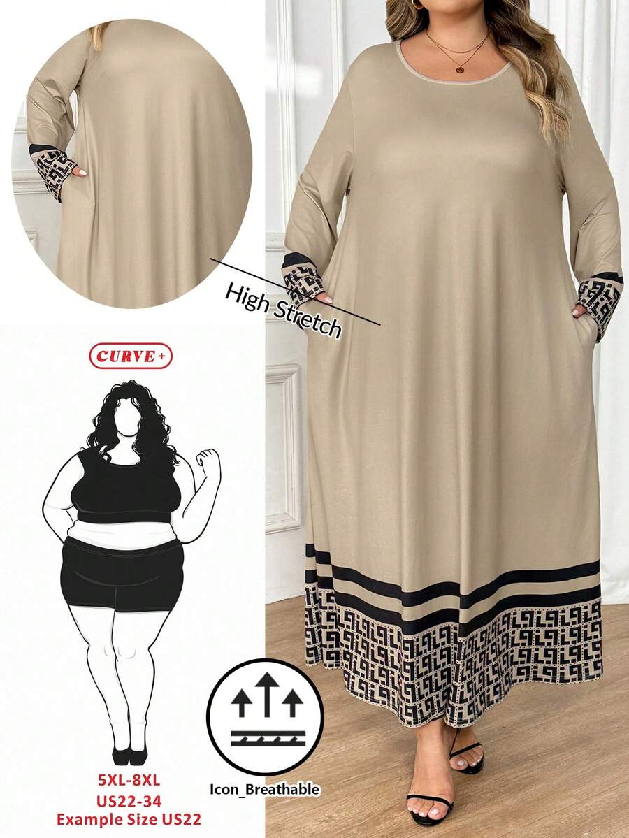 SHEIN CURVE+ 加大码黑色长袖宽松A字中长连衣裙，时尚秋冬连衣裙 - 卡其色 - 查看 1