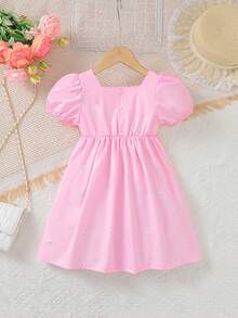 SHEIN 女童短袖泡泡袖连衣裙，粉色雏菊公主裙，可爱休闲时尚夏季度假连衣裙 - 粉色 - 查看 2