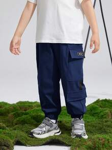 SHEIN Young Boys' Casual Comfortable Side Pocket Drawstring Pants - Navy Blue - View 2