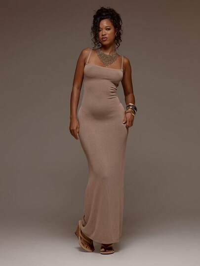 MUSERA Knit Brown Square Neckline Fitted Maxi Dress Spring Summer Holiday Vacation Beach Ibiza Festival Party Elegant Divinity