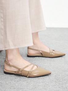 CUCCOO BIZCHIC Women's Pointed Toe Patent Leather Light Brown Backstrap Minimalist Slip-On Shoes, Suitable For Commuting And Daily Wear - Light brown - View 4